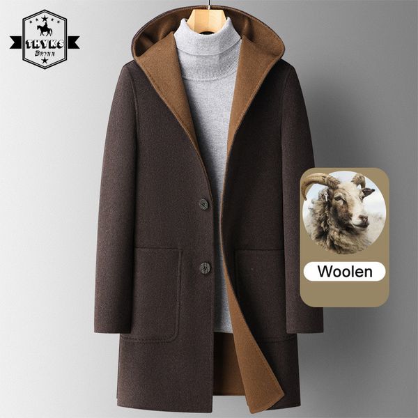 

men's wool blends coat winter overcoat trench luxury long jacket with hooded casual elegant thicken outerwear en windbreaker 221121, Black