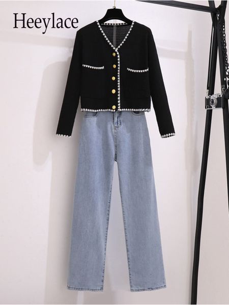 

women's two piece pants autumn long sleeve v neck single breasted knitted and blue denim set french elegant for women clothing 221121, White