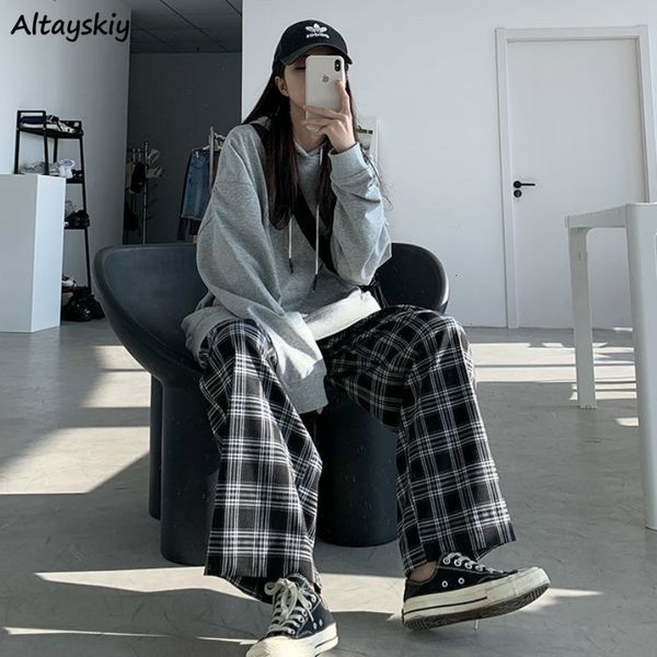 

womens pants capris wide leg summer fall chic high waist allmatch teens streetwear ins trendy harajuku plaid trouser 221121, Black;white