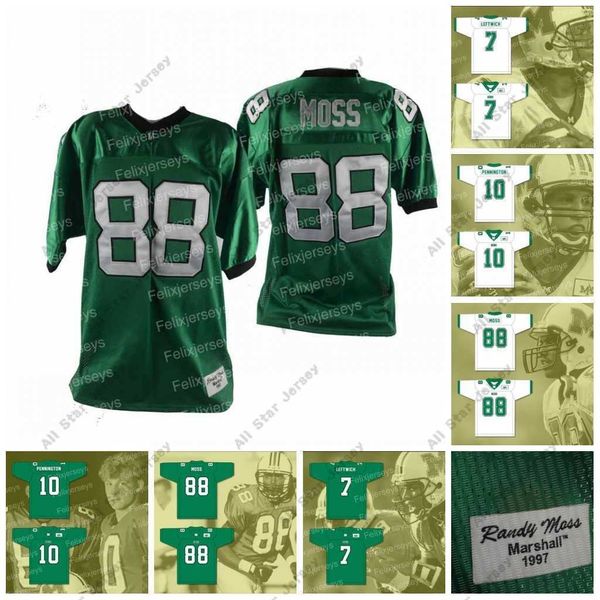 

american college football wear randy moss 1997 mar shall university football jersey chad pennington 10 byron left 7 marshall herd for mens w, Black