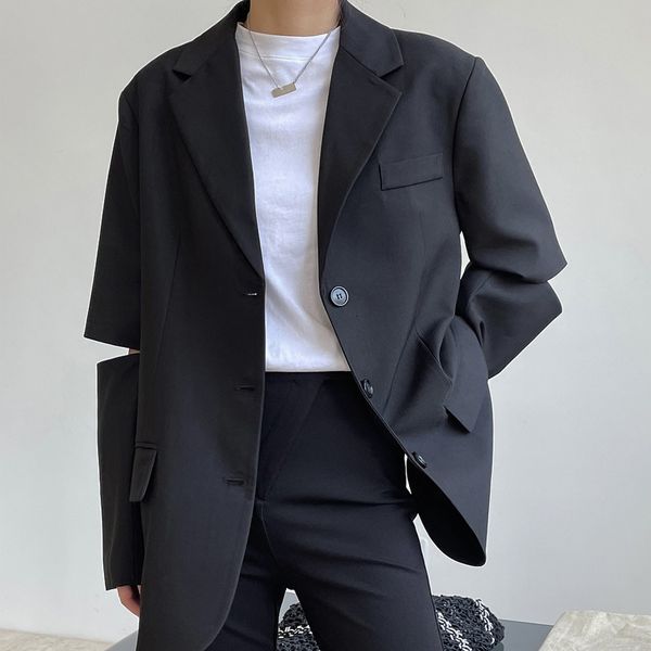 

women's suits blazers spring and autumn women's casual solid color single breasted pocket decoration split sleeve loose jacket 221, White;black