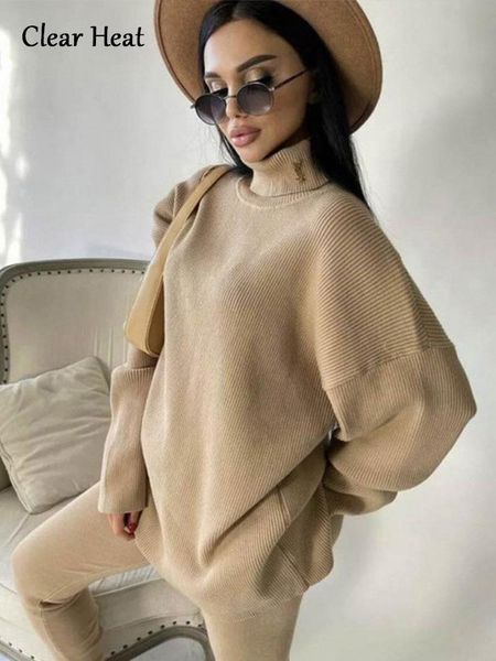 

womens two piece pants women knitted set solid turtleneck sweater pencile trousers suits female fashion pant thick warm lady casual suit 221, White