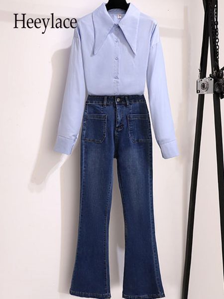 

women's two piece pant outfits autumn long sleeve solid blouse and vintage blue flare denim sets office ladies elegant pieces 221121, White