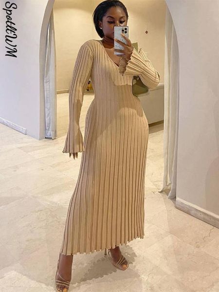 

casual dresses v-neck women knitted maxi autumn elegant ribbed long sleeve bodycon ladies fashion streetwear 221119, Black;gray