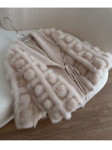 

women's fur faux oftbuy real coat women autumn winter knitted cardigan jacket blended thick warm fashion belt turn down collar 221119, Black