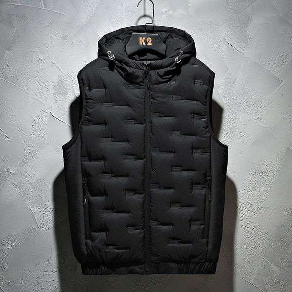 

men's vests winter hooded men pleated solid padded windproof warm sleeveless jacket homme casual waistcoat thicken parkas male 221122, Black;white