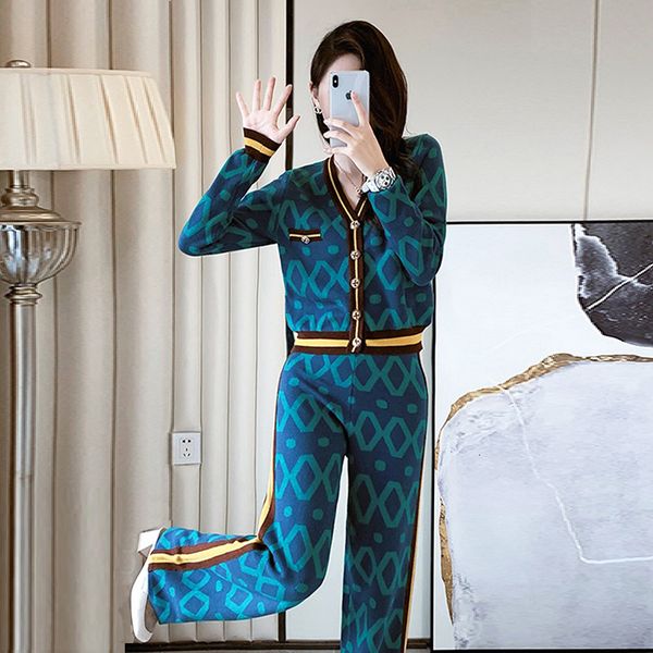 

women's two piece pants casual vintage sweater set elegant v neck printed knit cardigan high waist wide leg suit female 221121, White
