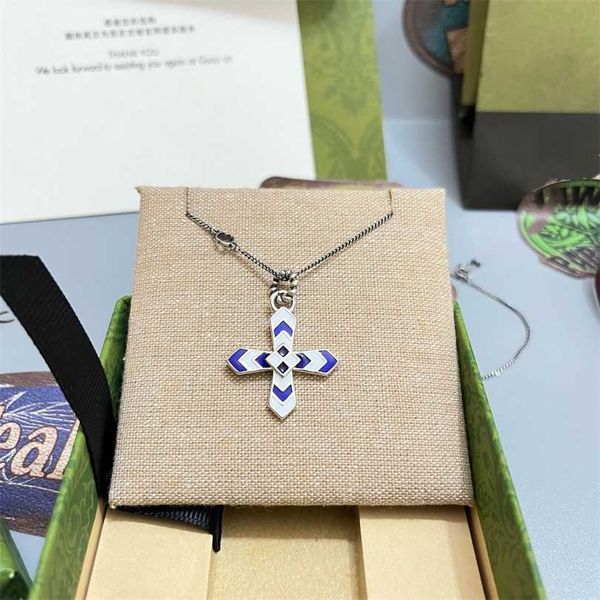 

2023 jewelry necklace cross pendant new double color blue white yellow black enamel pattern men's and women's couple necklace, Silver
