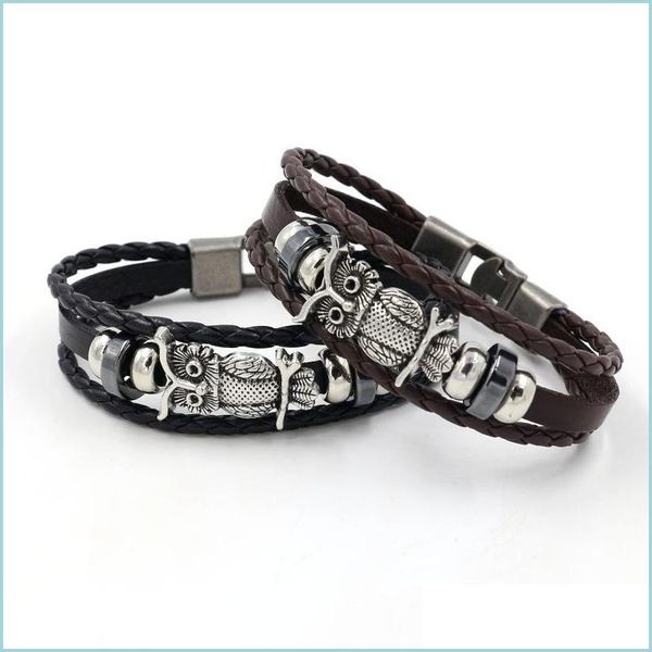 

charm bracelets ancient sier owl charm bracelets weave mtilayer wrap leather bangle cuff wristband women men fashion jewelry black b dhuif, Golden;silver