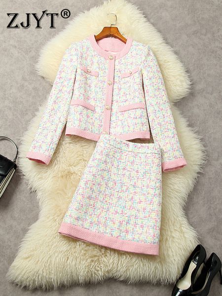 

two piece dress zjyt luxury designer tweed wooolen jacket skirt set women pink pieces outfits autumn winter clothes elegant party suit 22112, White