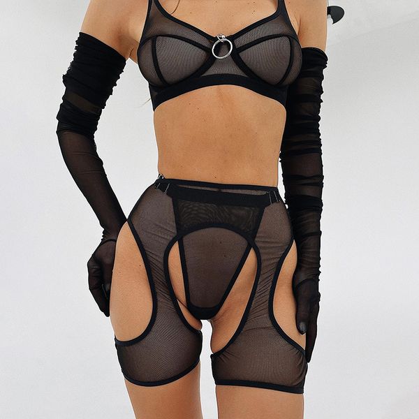 

erotic open crotchless lingerie bra sets for women garter belt 3-piece delicate underwear seamless exotic outfits, Black;white