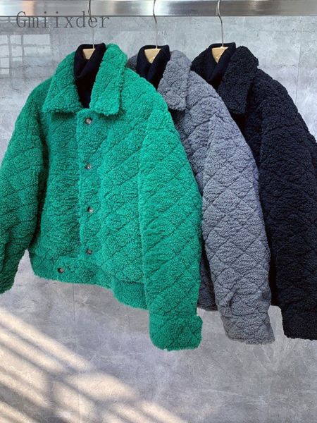 

men's fur faux nicemix kpop lambswool jacket men winter trend diamond grid fake warm button up lapel coat women bf street 221121, Black