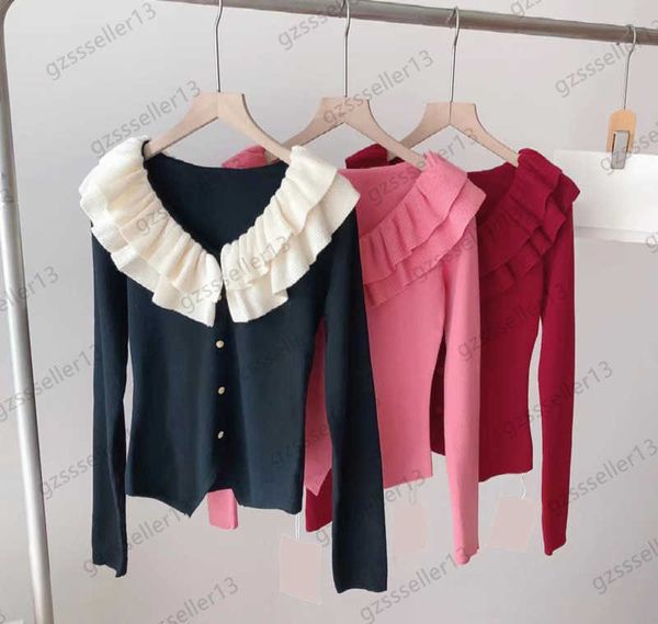 

cardigan sweater womens designer ruffled v-neck single row button open short slim knit cardigans hem slit design tight elastic knitwear wome, White;black