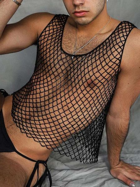 

men' tank incerun men mesh tank underwear see through oneck sleeveless breathable vests streetwear men clothing plus size 221122, White;black