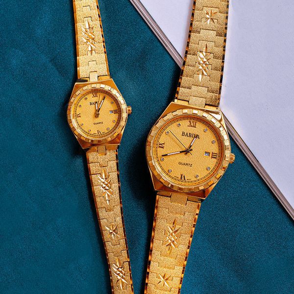 

wristwatches no fade 18k gold brass iced out men for women copper diamond steel couple lover retro carved quartz 221121, Slivery;brown