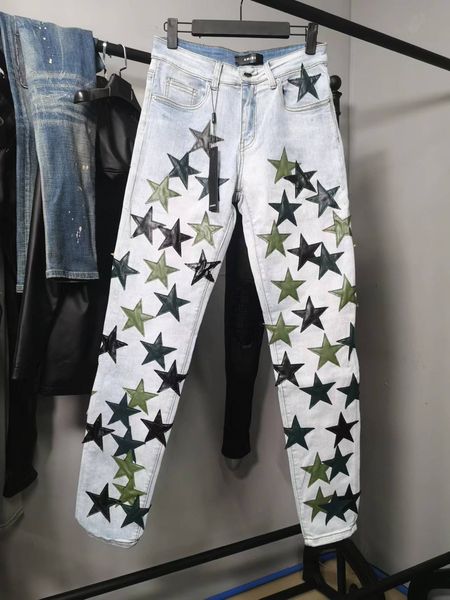 

man designer jeans skinny jean five star patch straight leg for mens fashion knee ripped denim pants with hole moto hip hop distressed black, Blue