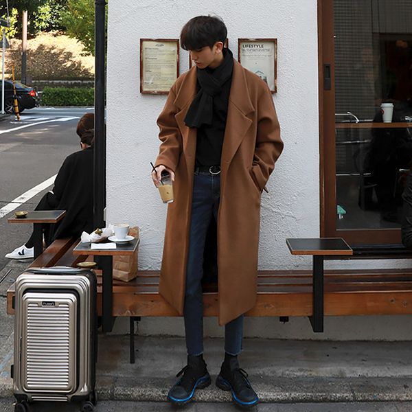 

men's wool blends 2023 men's autumn and winter fashion mid long loose woolen solid single breasted coat windbreaker male s158 2211, Black