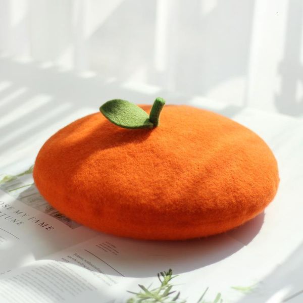 

berets fresh cute fruit girl soft painter hat lovely wool felt orange pink gift green leaf handmade warm beret ladies 221122, Blue;gray