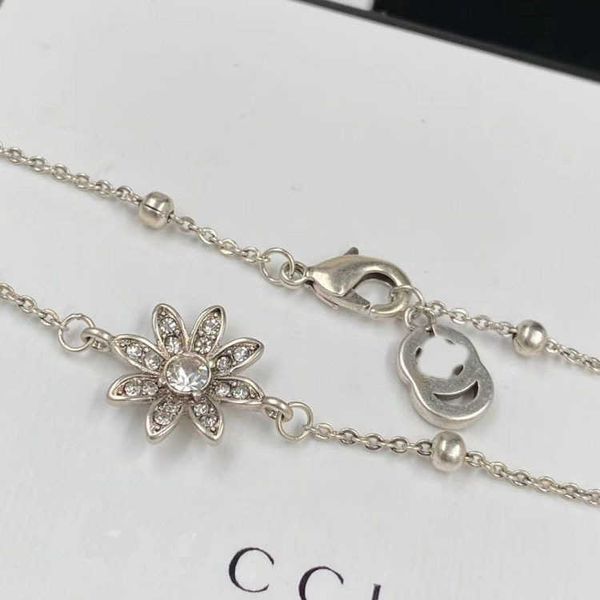 

2023 designer new jewelry pendant flower double rhinestone necklace brass minority fashion versatile sweater chain, Silver