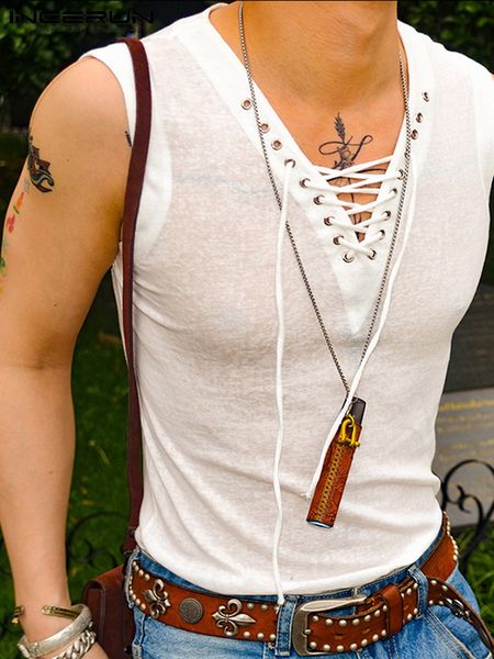 

men' tank incerun solid v neck sleeveless lace up fitness vests summer streetwear fashion casual s5xl 221122, White;black