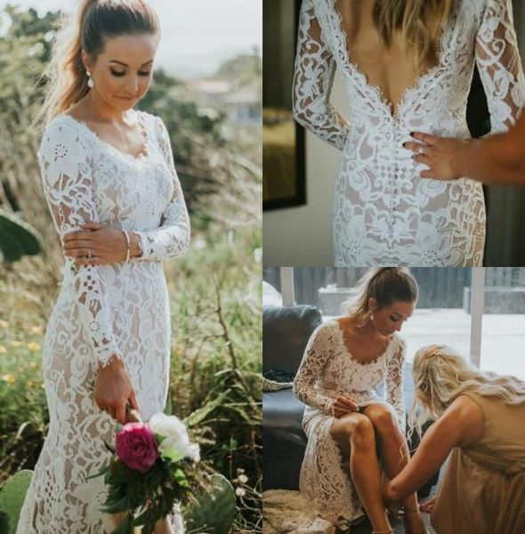 

2023 gorgeous lace mermaid wedding dresses bridal gown applique long sleeves v neck sweep train custom made beach country plus size vestido, White