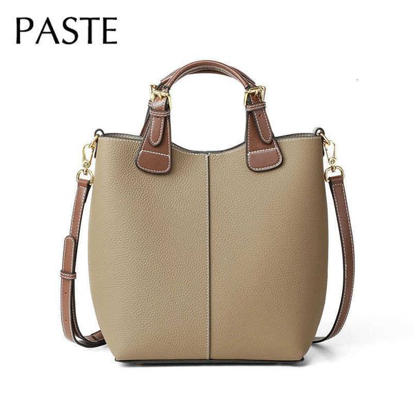 

2022 texture grey hit color handle tote bags bucket cowhide leather women handbag large lady shopping shoulder bag dropshipping