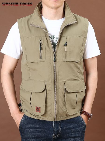 

men's vests men's thin tooling loose quick drying vest men's outdoor sports multi pocket stand collar vest spring camping fis, Black;white