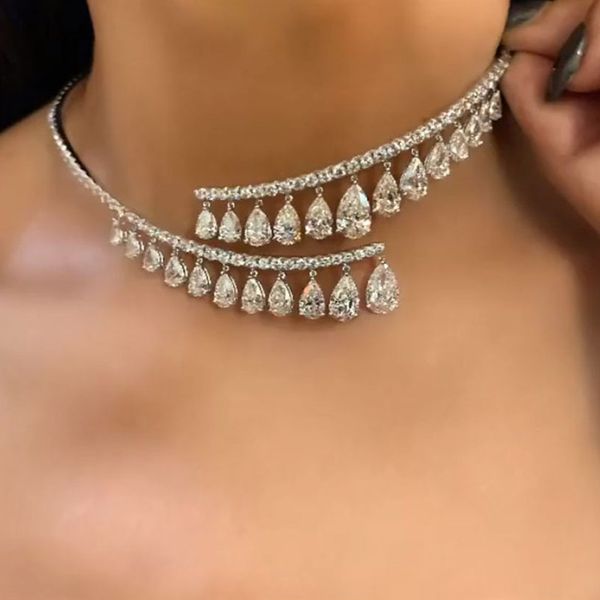 

chokers ins adjustable water drop pendant open choker necklace jewelry for women luxury crystal double layer collar 221121, Golden;silver