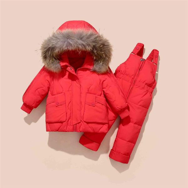 

2020 winter children girls and boys clothing sets warm hooded duck down jacket coats trousers waterproof snowsuit kids baby clot263l, White