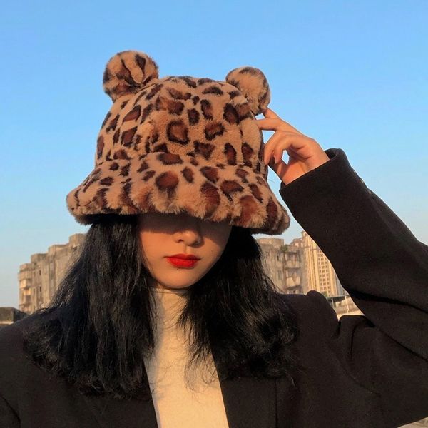 

wide brim hats bucket winter fashion cute leopard bear ear hat for women thick warm faux fur furly fisherman cap outdoor protection soft pan, Blue;gray