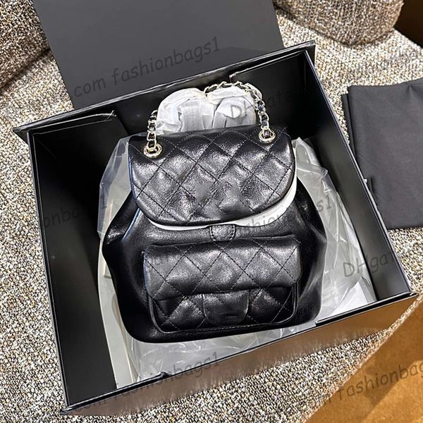 

womens oil leather calfskin black backpack bags with drawstring aged gold chain outdoor fashion trend street pocket for girls laudes designe