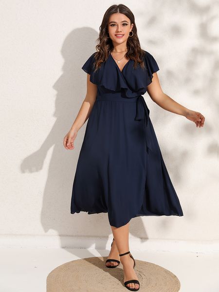 

plus size dresses finjani party dresses for women plus size summer midi dress vneck solid ruffle sleeve belted wrap dress 221121, Black