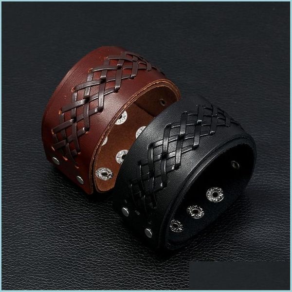 

bangle weave lace bandage diamond leather bangle cuff mtilayer wrap button adjustable bracelet wristand for men women fashion jewelr dhs6q, Black