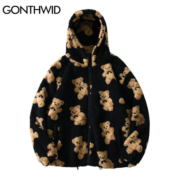 

men's jackets gonthwid fleece hooded streetwear casual harajuku hip hop men women fashion bear print full zip coat outwear 221122, Black;brown
