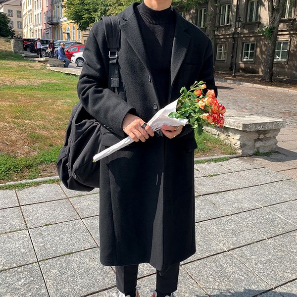 

men's wool blends 2023 fashion men's winter mid long loose korean style woolen solid single breasted coat windbreaker male s157 22, Black