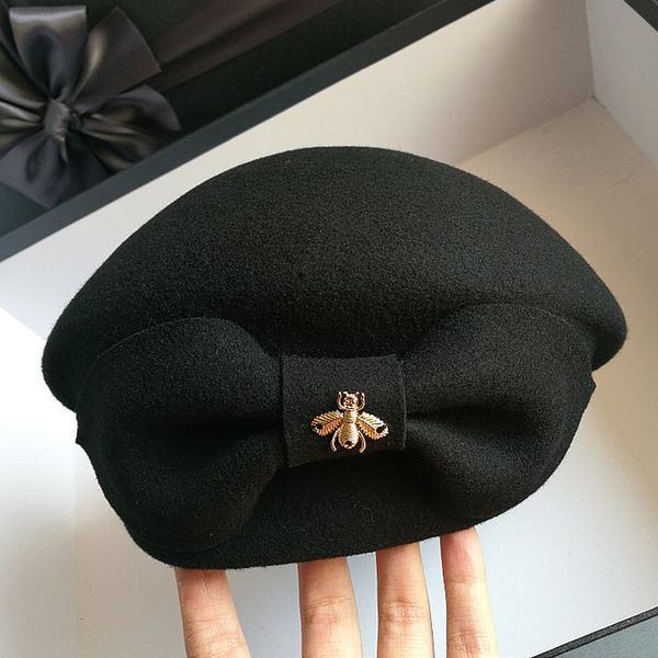 

berets bowknot beret autumn winter wool fashion hat ladies warm brand designer metal bee black cap for women gifts 221122, Blue;gray