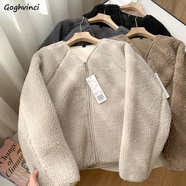 

womens jackets lambswool crop women warm vneck solid korean style outwear autumn zipper mujer arrivals fashion leisure baggy ins 221122, Black;brown