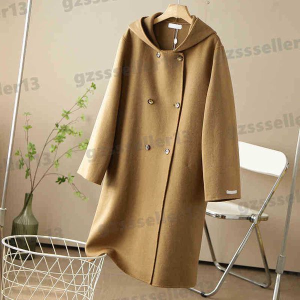

womens wool coat blends trench coats hooded simple loose double sided cashmere women coat fashion brand autumn winter clothing 0912, Black