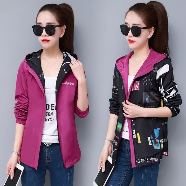 

women's jackets women streetwear hooded printed coat causal windbreaker female reversible baseball zippers basic 4xl 221122, Black;brown