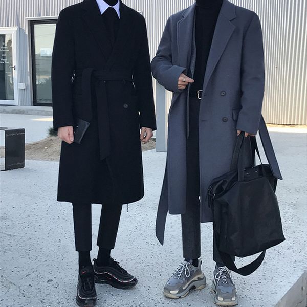 

men's wool blends autumn and winter fashion wool double breasted woolen coat man's long suit collar midlength woolen coat s73 2211, Black