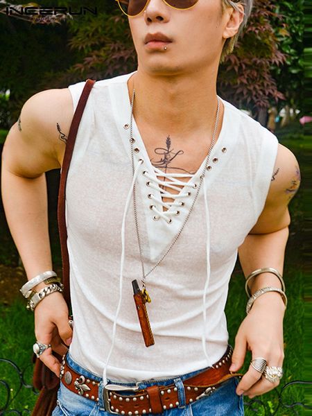 

men' tank fashion men tank solid color v neck sleeveless lace up fitness vests men summer streetwear casual s5xl incerun 221122, White;black