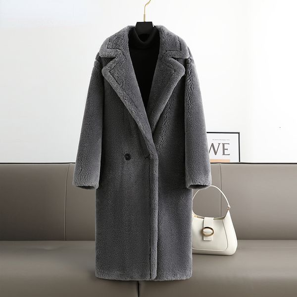 

womens fur faux real coat winter jacket 100% wool sheep shearling warm luxury clothes for 221122, Black
