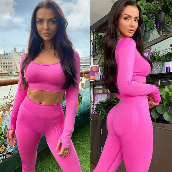 

yoga outfits seamless set women solid workout 2pcs two piece long sleeve crop leggings gym suit fitness sport 221121, White;red