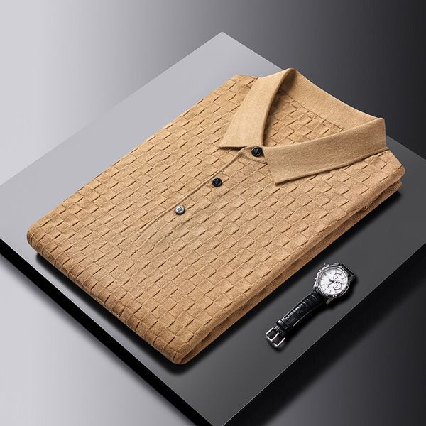 

men's polos high end designer autumn style men's casual knitting polo shirt solid color waffle loose pullover sweater men's t, White;black