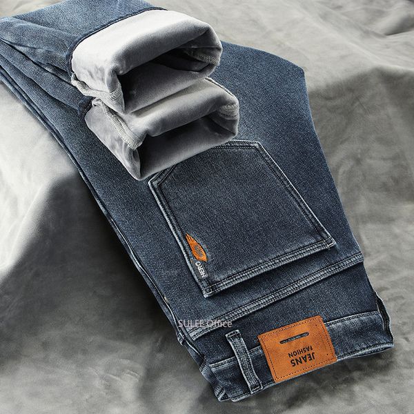 

men's jeans winter men fleece business casual stretch slim fit denim cowboy student trousers male classic thick warm pants 221122, Blue