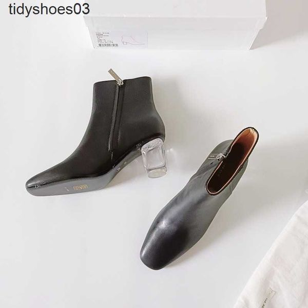 

the row shoes dress single shoes full leather crystal square heel fashion boots autumn and winter solid side zipper high heel short boots fo, Black