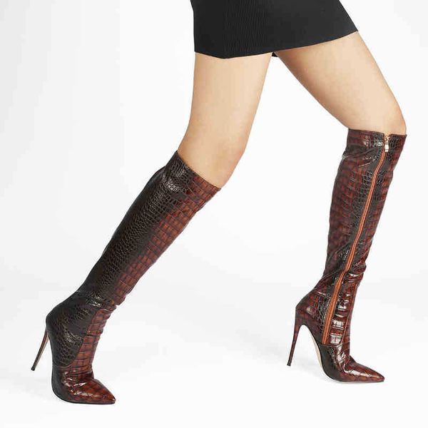

boots arden furtado 2021 new winter fashion pointed head snake pattern stilettos zipper heels knee high boots ladies 220906, Black