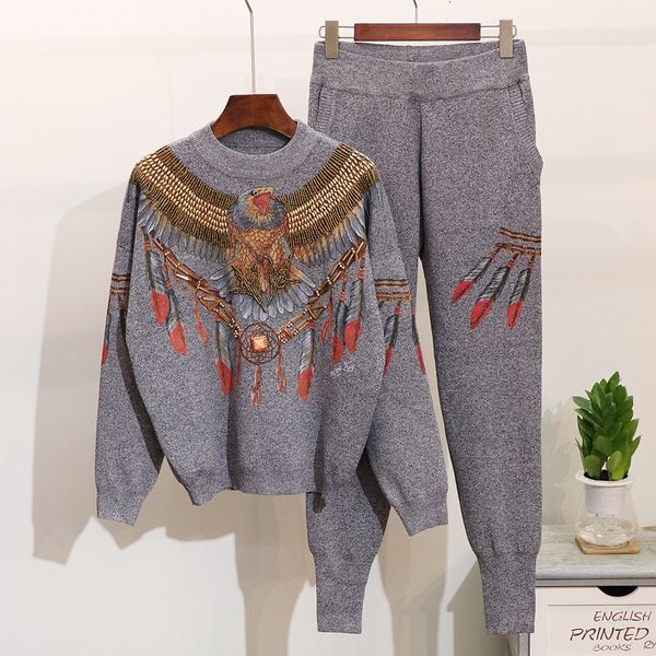 

women's two piece pants autumn set women o neck long sleeve old eagle print knitwear casual ladies fashion outfits g390 221121, White
