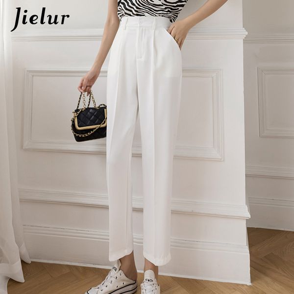 

women's pants capris jielur high waist casual blue female pocket zipper apricot suit women autumn straight loose white trousers s-xl 22, Black;white