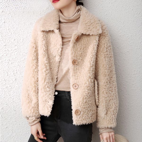 

womens fur faux winter coat sheep shearling jacket clothing 100% wool short warm female s and jackets zm1750 221122, Black